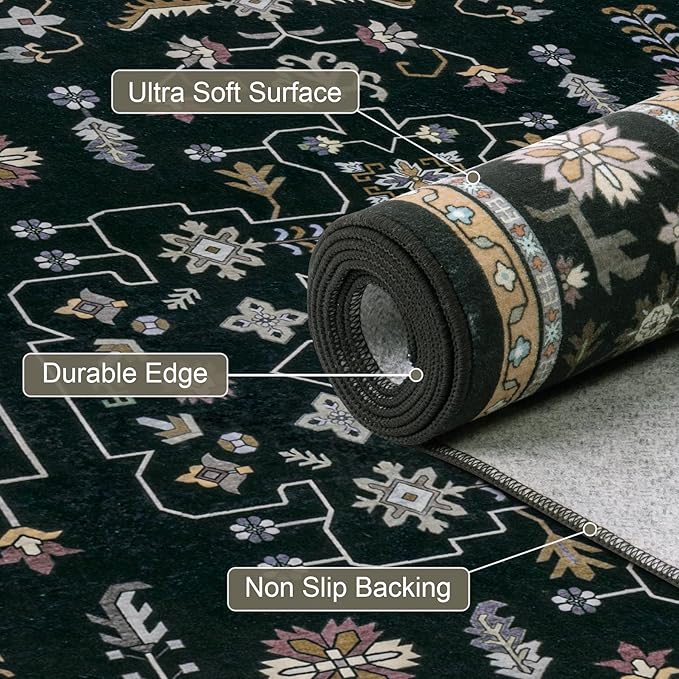 2x3 Area Rugs Living Room Rug: Washable Vintage Boho Medallion Rug No Slip Stain Resistant Soft Carpet Indoor Floor Large Carpets for Bedroom Dining Room Farmhouse Nursery Hallway Home Office Black