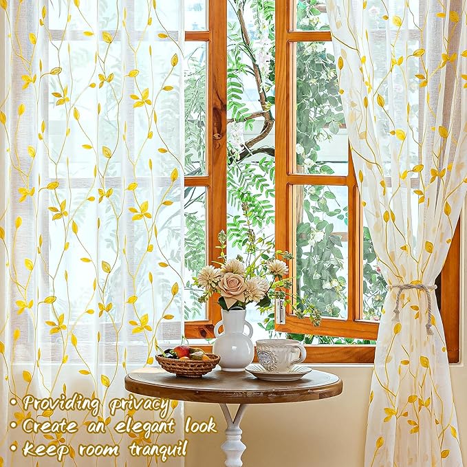AmHoo 2 Panels Embroidered Leaf Pattern Semi Sheer Curtains Foliage Floral Voile Window Draperies Treatment for Bedroom Living Room Rod Pocket White Gold Yellow 53 x 84 Inch