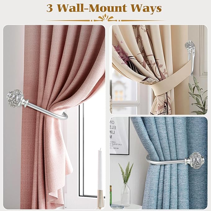 2 Pack Silver Curtain Holdbacks, USFOOK Decorative Drapery Tiebacks (2 Pack/1 Pair), Curtain Tie Back Hooks for Wall with Translucent Finials (6.1" L x 4.1" W)