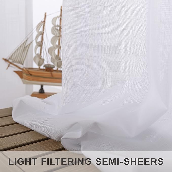 102 Inch Curtains White Linen Drapes for Bedroom 2 Panels Set Back Tab Loop Pocket Cotton Textured Lace Look Semi Sheer Light Filter Curtains for Living Room Bay Window Vintage Farmhouse Decor 52x102