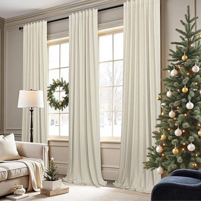 98 Inch Curtains Blackout Linen Country Cottage Core Thick Textured Lightweight Window Drapes for Guest Bedroom Living Room Darkening Thermal Winter Curtain Keep Cold Out 98 Inch Length 2 Panels Beige