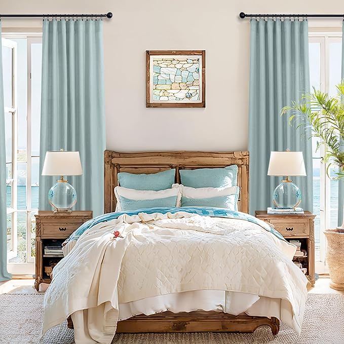Aqua Curtains 84 Inch Length for Living Room Pair Set Back Tab Pocket Linen Panels Semi Sheer Blue Green Curtains for Bedroom Kids Teen Boys Coastal Beach Farmhouse Decor Seafoam Mint Teal Grey Gray
