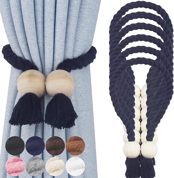 6 Pack Magnetic Curtain Tiebacks Cotton Hand Woven Tie Back Decorative Rope Holdbacks for Curtains Draperies No Tools Required, Navy