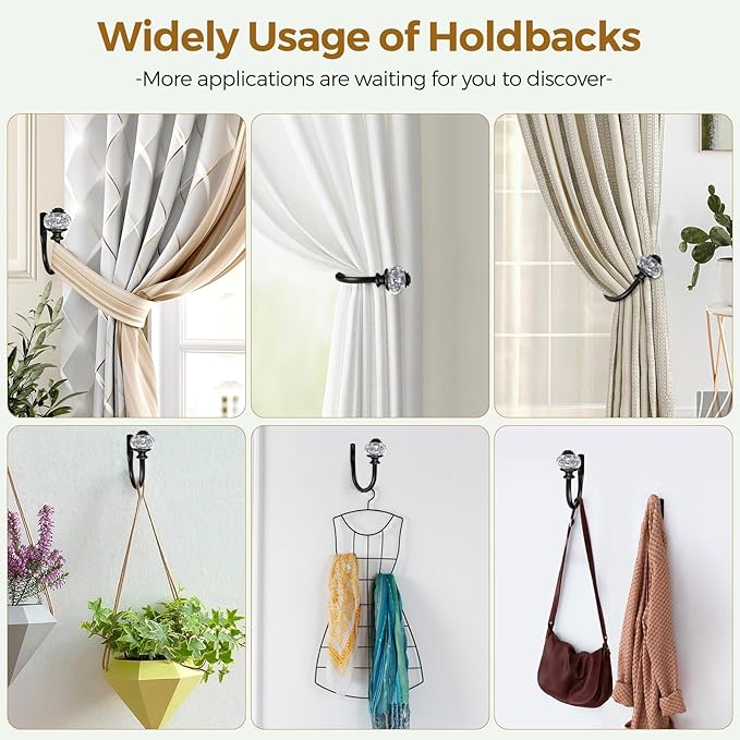 2 Pack Black Curtain Holdbacks, USFOOK Decorative Drapery Tiebacks (2 Pack/1 Pair), Curtain Tie Back Hooks for Wall with Translucent Finials (6.1" L x 4.1" W)