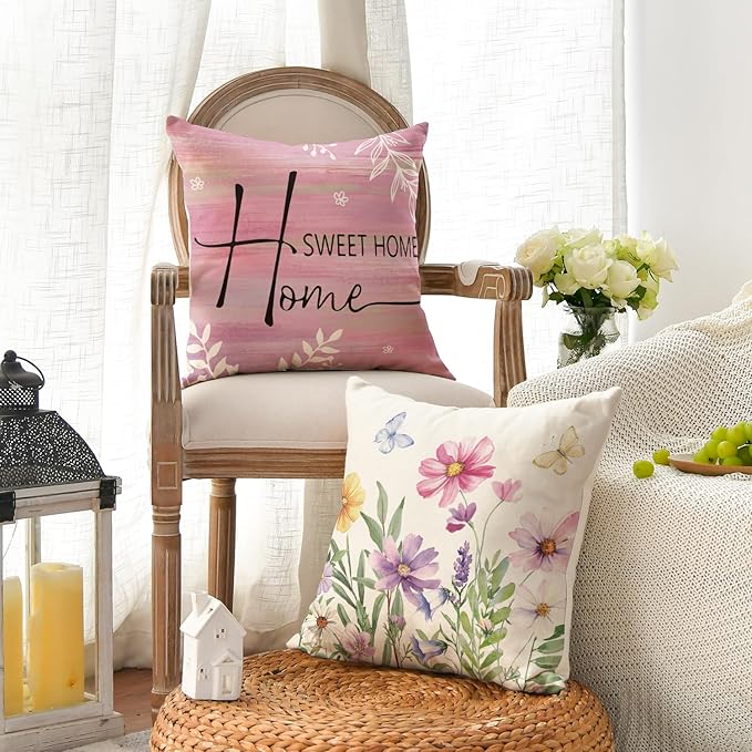 AVOIN colorlife Spring Saying Flowers Butterfly Pink Throw Pillow Covers, 16 x 16 Inch Home Sweet Home Cushion Case for Sofa Couch Set of 4