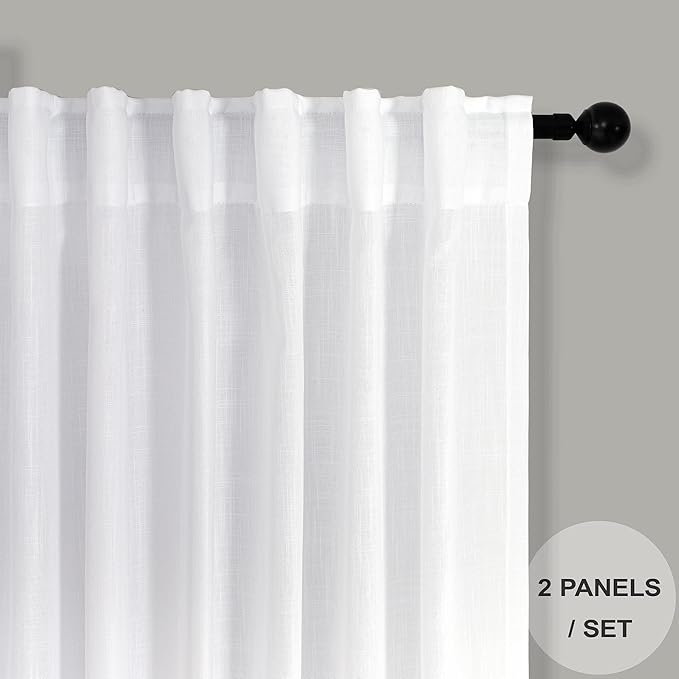 102 Inch Curtains White Linen Drapes for Bedroom 2 Panels Set Back Tab Loop Pocket Cotton Textured Lace Look Semi Sheer Light Filter Curtains for Living Room Bay Window Vintage Farmhouse Decor 52x102