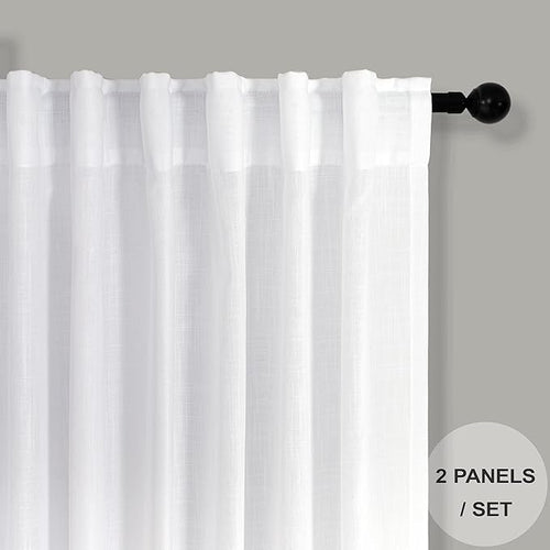102 Inch Curtains White Linen Drapes for Bedroom 2 Panels Set Back Tab Loop Pocket Cotton Textured Lace Look Semi Sheer Light Filter Curtains for Living Room Bay Window Vintage Farmhouse Decor 52x102