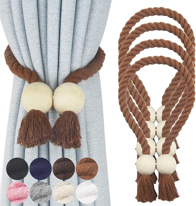 4 Pack Magnetic Curtain Tiebacks Cotton Hand Woven Tie Back Decorative Rope Holdbacks for Curtains Draperies No Tools Required, Khaki