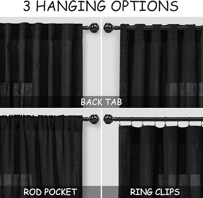 Balck Sheer Linen Curtains 94 inch Length for Bedroom Back Tab Rod Pocket Modern Farmhouse Muslin Look Cotton Textured Black Window Curtains 94 inches Long for Dining Room Living Office 2 Panels