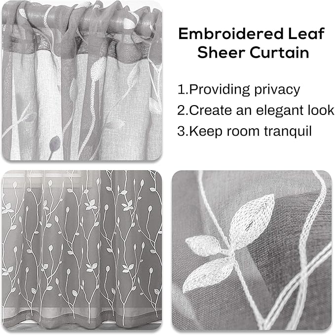 AmHoo 2 Panels Embroidered Leaf Pattern Semi Sheer Curtains Foliage Floral Voile Window Draperies Treatment for Bedroom Living Room Rod Pocket Light Gray 53 x 95 Inch