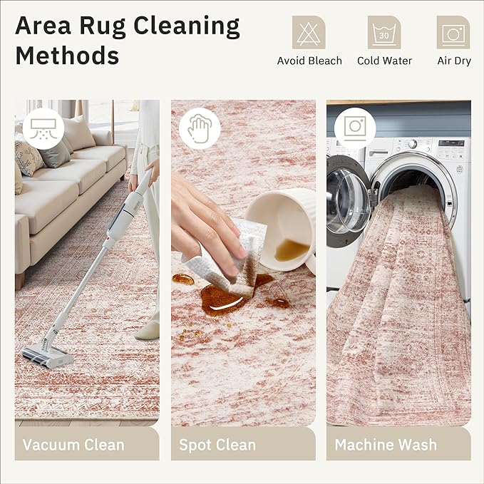5x7 Area Rugs Pink Low Pile Indoor Washable Trendy Faded Style Rugs for Bedroom Living Room Dining Room Foldable Non-Slip Thin Print Mat