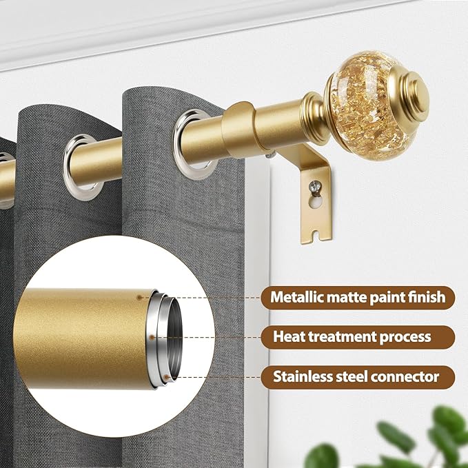 2 Pack Luxury Gold Curtain Rods for Windows 48 to 84 Inch, USFOOK 7/8 Inch Telescoping Splicing Drapery Rods 32 to 86 Inch, Decoration for Home with Decorative Translucent Finials