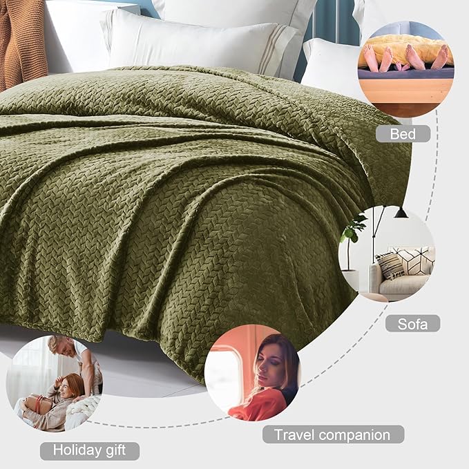 Exclusivo Mezcla Fleece Queen Size Blanket for Bed, 90x90 Inches Soft Cozy Jacquard Flannel Blankets, Lightweight Fuzzy Plush Warm for Women, Olive Green