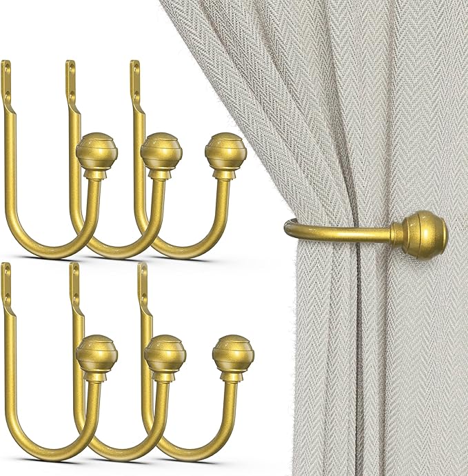 Hion Curtain Holdbacks Gold 6pcs, Curtain Tiebacks Wall Mounted Curtain Hooks Holders for Drapes