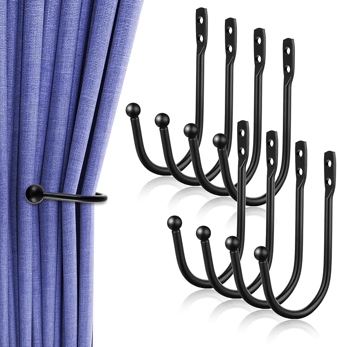8 Pcs Curtain Tie Backs Curtain Wall Hooks Black Curtain Holdbacks U Shaped Curtain Pull Backs Black Metal Decorative Curtain Hooks for Drapes Wall Mounted Curtain Tie Holders Come with Screws