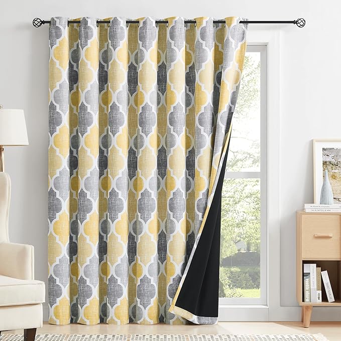 Beauoop 100% Blackout Curtains 96 Inches Long for Patio Sliding Door Yellow Grey Extra Wide Moroccan Geo Room Darkening Thermal Soundproof Room Divider Grommet Window Treatment Drapes,100x96 Set of 1