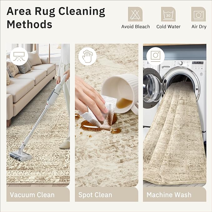 5x7 Area Rugs Brown Low Pile Indoor Washable Trendy Faded Style Floral Rugs for Bedroom Living Room Dining Room Foldable Non-Slip Thin Print Mat