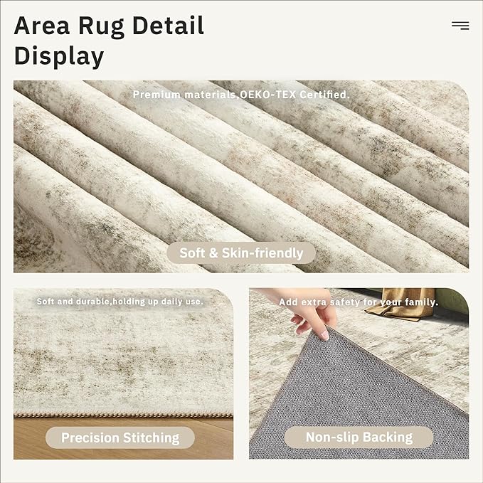 4x6 Area Rugs for Living Room, Vintage Washable Rugs for Dining Room, Bedroom, Home Office Decor, Non-Slip Beige/Gray Carpet Thin Rug