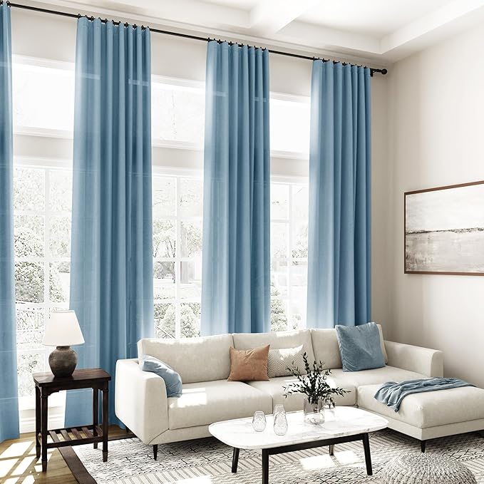 2 Panels Set Blue Linen Curtains 126 Inches Long for Living Room Extra Long Back Tab Curtain Neutral Farmhouse Light Filtering Semi Sheer Linen Drapes Ceiling to Floor for Large Window 52x126