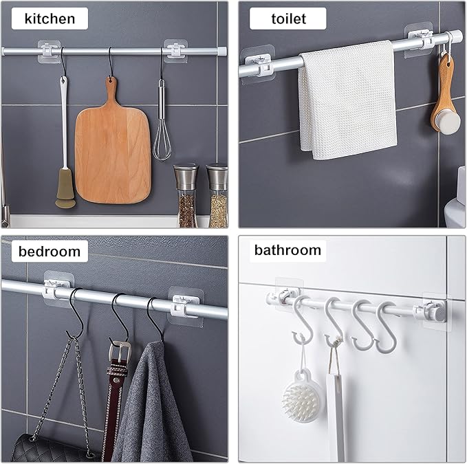 8PCS Self Adhesive Curtain Rod Holders No Drill Curtain Rods Brackets No Drilling Nail Free Adjustable Curtain Rod Hooks Curtain Hangers for Bathroom Kitchen Home Bathroom Hotel