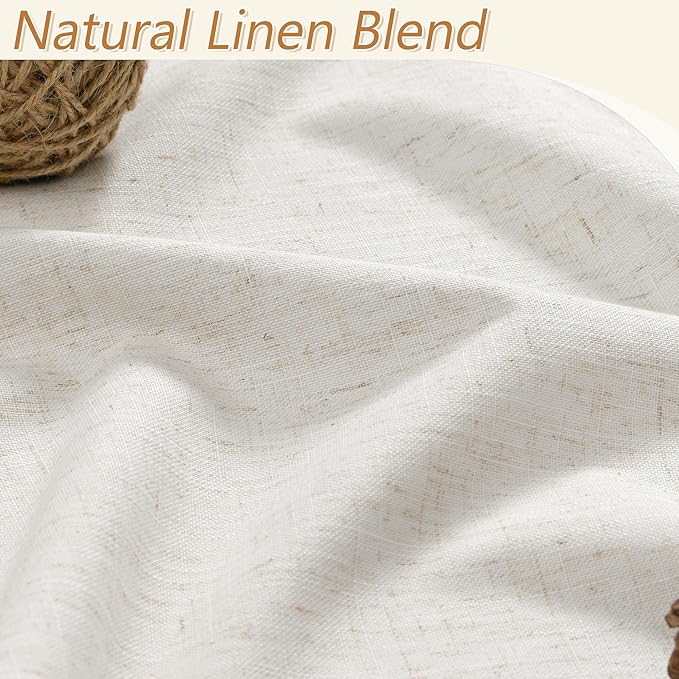 Beige White 100% Blackout Linen Curtains 102 Inch Length 2 Panels Set for Living Room Bedroom Back Tab Thermal Insulated Black Out Drapes Room Darkening Farmhouse Style for Bedroom Window Curtains