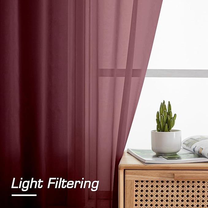 Aiyufeng Burgundy Sheer Curtains for Bedroom - Beautiful Semi Sheer Curtains Privacy for Bedroom Bathroom Kitchen Dining Office Window, 40 Wide x 54 inches Long, 2 Pcs
