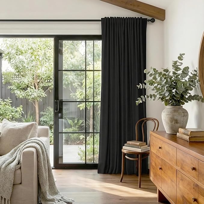 100% Blackout Shield Linen Blackout Curtains for Bedroom 90 Inches Long, Back Tab/Rod Pocket Living Room Drapes, Thermal Insulated Blackout Curtains 1 Panel Set, 100" W x 90" L, Black