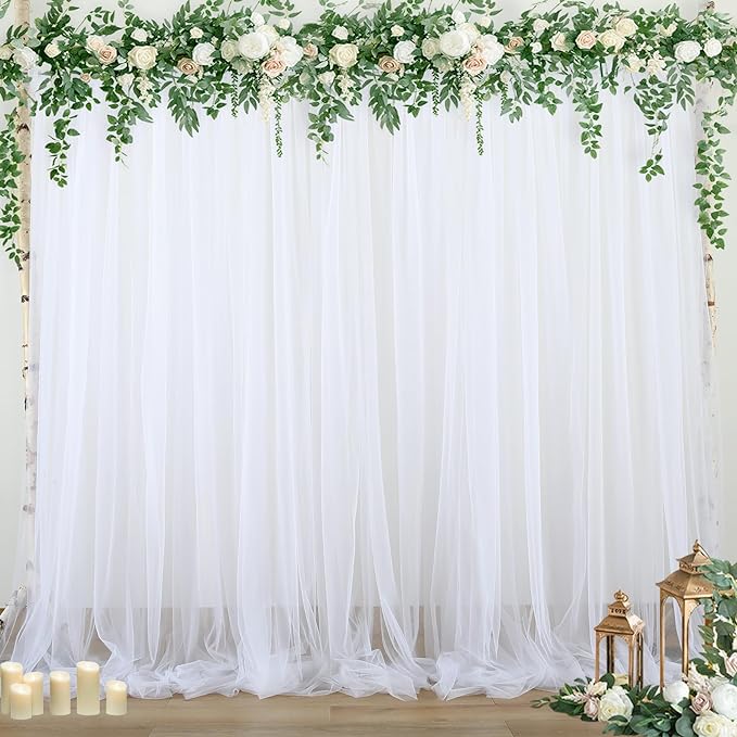 10ft x 15ft White Tulle Backdrop Curtain for Parties Sheer Fabric Backdrop Curtains for Wedding Baby Shower Bridal Shower Birthday Photo Backdrop Drapes Background Wall Decorations 2 Panels 5ft x 15ft
