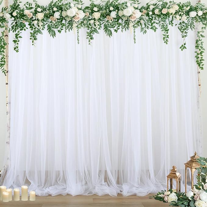 10ft x 12ft White Tulle Backdrop Curtain for Parties Sheer Fabric Backdrop Curtains for Wedding Baby Shower Bridal Shower Birthday Photo Backdrop Drapes Background Wall Decorations 2 Panels 5ft x 12ft