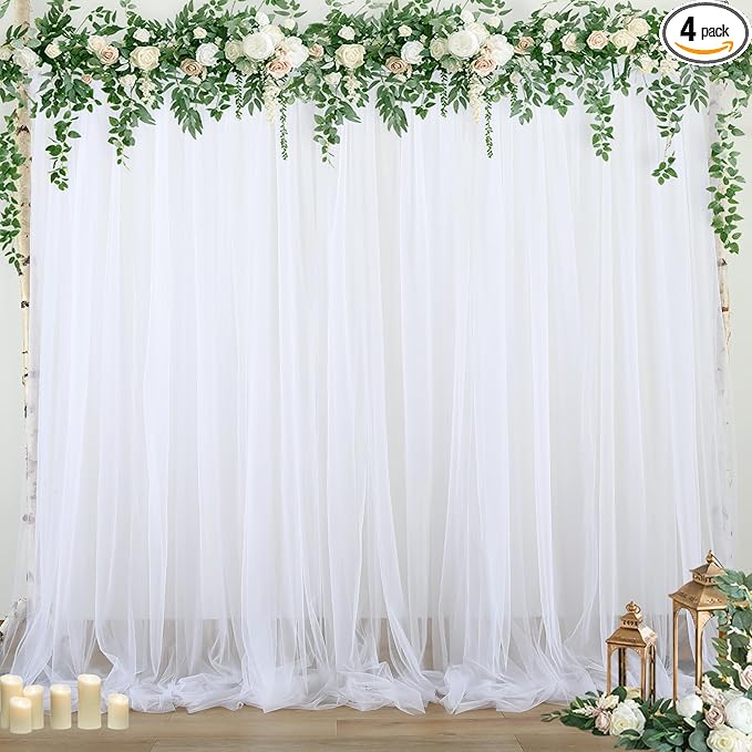 20ft x 12ft White Tulle Backdrop Curtain for Parties Sheer Fabric Backdrop Curtains for Wedding Baby Shower Bridal Shower Birthday Photo Backdrop Drapes Background Wall Decorations 4 Panels 5ft x 12ft