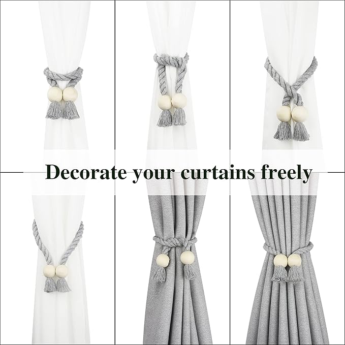 2 Pack Magnetic Curtain Tiebacks Cotton Hand Woven Tie Back Decorative Rope Holdbacks for Curtains Draperies No Tools Required, Grey