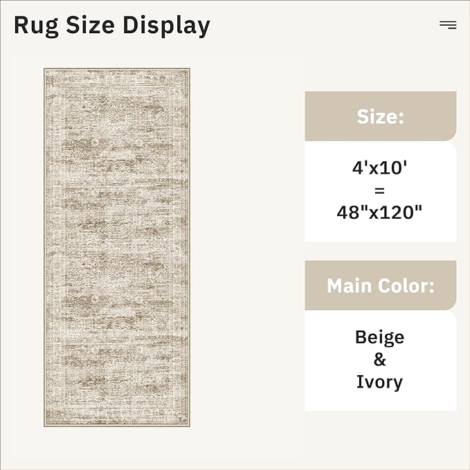 4x10 Wide Hallway Runner Rug: Washable Soft Rug Runners for Living Room Bedroom Ktichen, Stain Resistant Low Pile Area Rugs Non Slip Floor Carpet (Brown, 4x10)