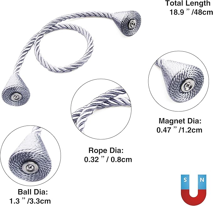 4 Pack Magnetic Curtain Tiebacks Rope Modern Handmade Curtain Tie Backs Decorative Drapes Weave Holdbacks for Window Décor, Grey