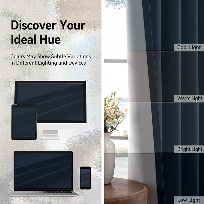 100% Blackout Shield Linen Blackout Curtains for Bedroom, Navy Blue Grommet Curtains for Living Room, Thermal Insulated Room Darkening Drapes for Nursery, Boho Home Decor, 50" W x 63" L, 2 Panels