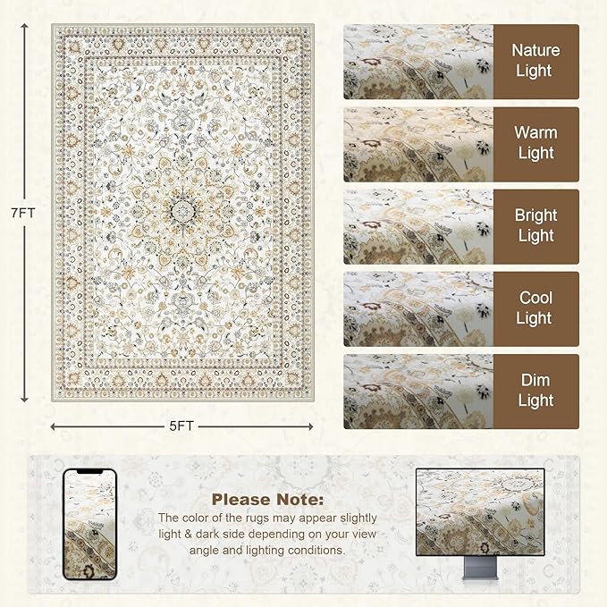 5x7 Area Rugs Living Room Rug: Washable Vintage Boho Rug No Slip Stain Resistant Soft Carpet Indoor Floor Floral Large Carpets for Bedroom Dining Room Farmhouse Nursery Hallway Home Office Beige