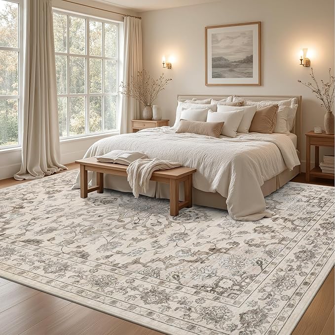 Area Rugs 10x14 Living Room Rug: Washable Rug Soft Vintage Distressed Floral Carpet Indoor Non-Slip Stain Resistant Large Carpets for Bedroom Dining Room Farmhouse Nursery Home Office Brown Beige