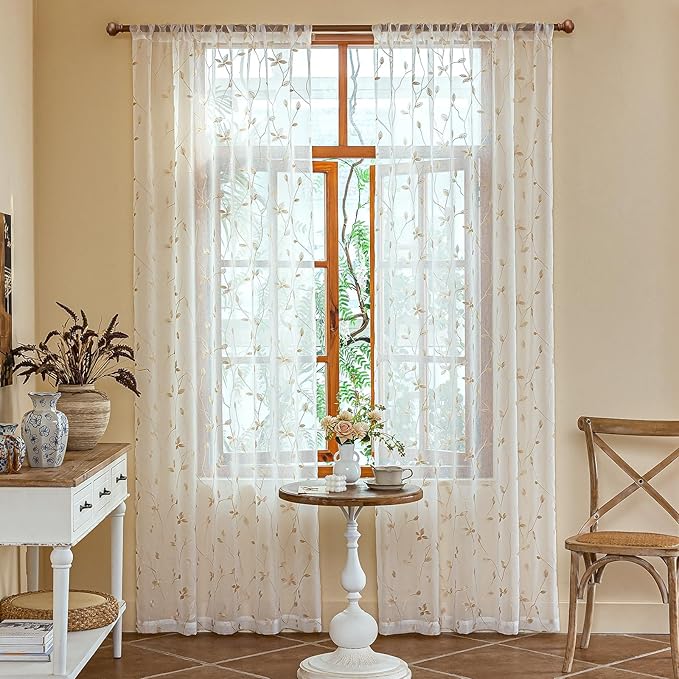 AmHoo 2 Panels Embroidered Leaf Pattern Semi Sheer Curtains Foliage Floral Voile Window Draperies Treatment for Bedroom Living Room Rod Pocket White Beige 53 x 84 Inch