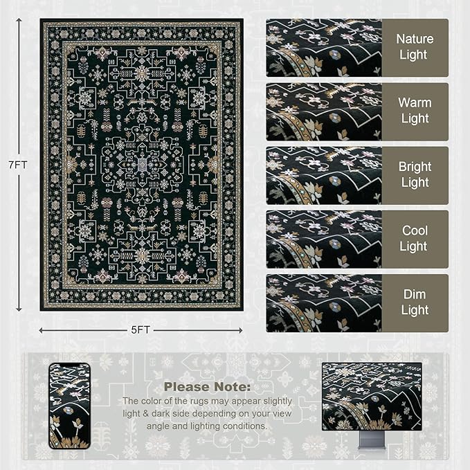 5x7 Area Rugs Living Room Rug: Washable Vintage Boho Medallion Rug No Slip Stain Resistant Soft Carpet Indoor Floor Large Carpets for Bedroom Dining Room Farmhouse Nursery Hallway Home Office Black