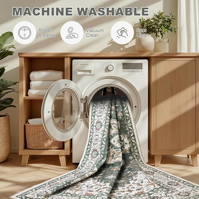 Area Rugs 9x12 Living Room Rug: Washable Rug Soft Vintage Boho Medallion Carpet Indoor Non-Slip Stain Resistant Large Carpets for Bedroom Dining Room Farmhouse Nursery Home Office Green Ivory