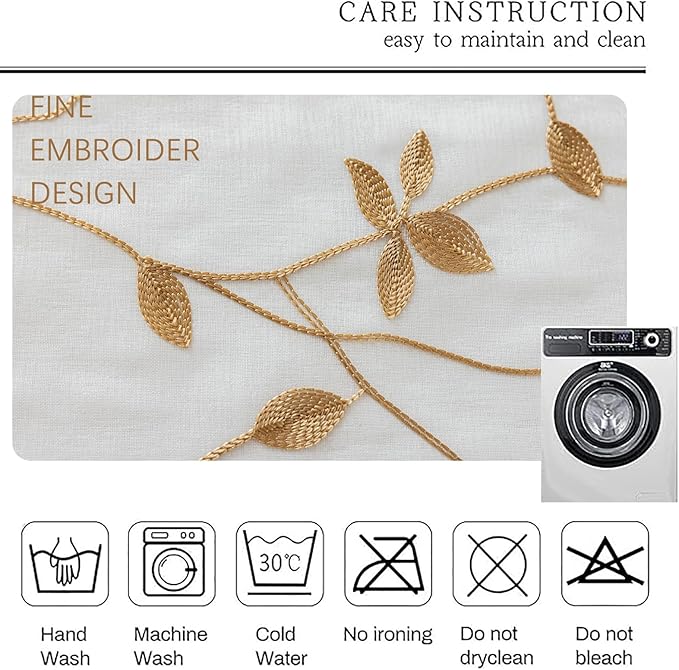 AmHoo 2 Panels Embroidered Leaf Pattern Semi Sheer Curtains Foliage Floral Voile Window Draperies Treatment for Bedroom Living Room Rod Pocket White Taupe 53 x 95 Inch