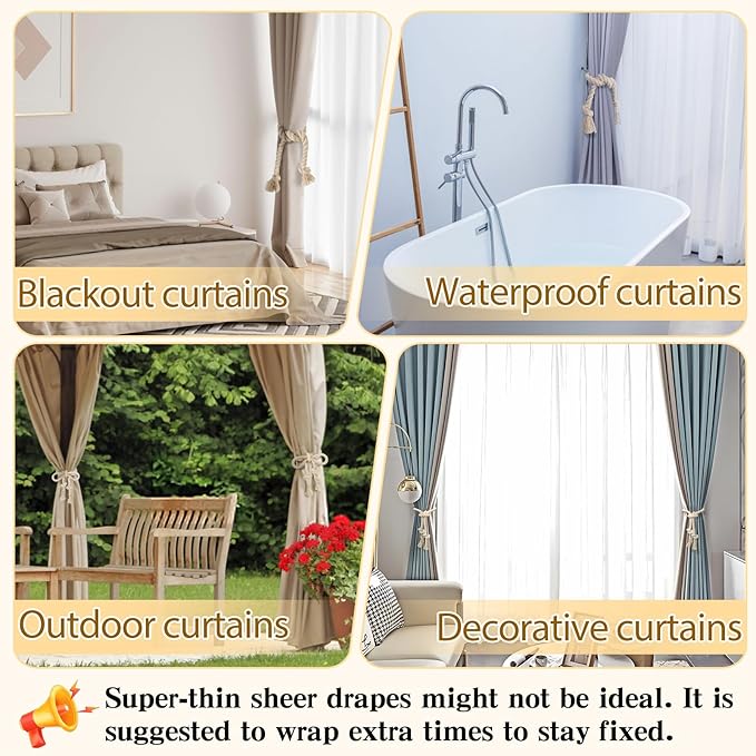 4 Pcs Hand Woven Curtain Tiebacks No Drilling - Boho Drape Holdbacks Rope for Black Blue Light Color Curtains, Decorative Ties for Outdoor Yard Garden Farmhouse Drapery, Beige