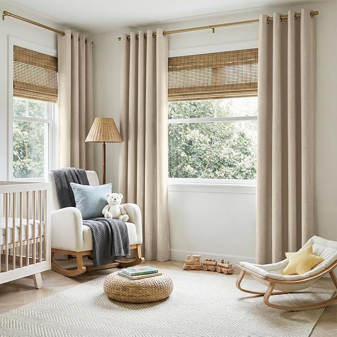 100% Blackout Shield Linen Blackout Curtains for Bedroom, Natural Flax Grommet Curtains for Living Room, Thermal Insulated Room Darkening Drapes for Nursery, Boho Home Decor, 50" W x 84" L, 2 Panels
