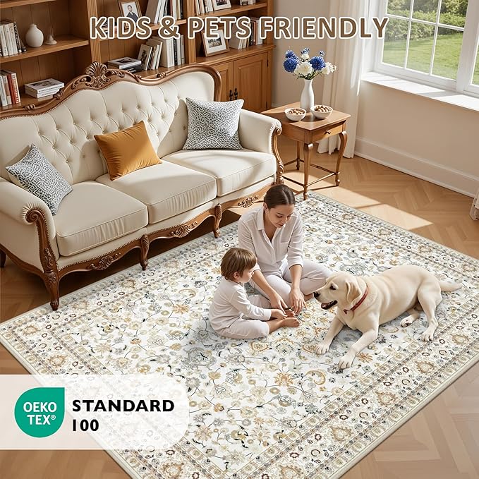 3x5 Area Rugs Living Room Rug: Washable Vintage Boho Rug No Slip Stain Resistant Soft Carpet Indoor Floor Floral Large Carpets for Bedroom Dining Room Farmhouse Nursery Home Office Beige