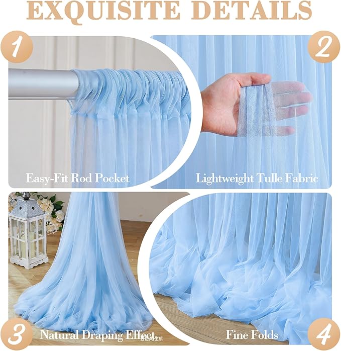 10ft x 12ft Baby Blue Tulle Backdrop Curtain for Baby Shower Party Sheer Fabric Backdrop Curtains for Boy Birthday Gender Reveal Back Drop Wedding Photo Backdrop Drapes Background 2 Panels 5ft x 12ft