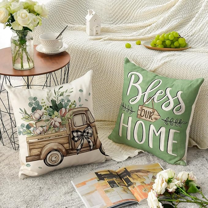 AVOIN colorlife Bless Our Home Farmhouse Eucalyptus Leaves Throw Pillow Covers, 16 x 16 Inch Green Truck Home Sweet Cushion Case Decorations Set of 4