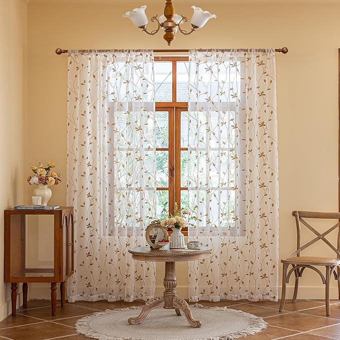 AmHoo 2 Panels Embroidered Leaf Pattern Semi Sheer Curtains Foliage Floral Voile Window Draperies Treatment for Bedroom Living Room Rod Pocket White Taupe 53 x 95 Inch