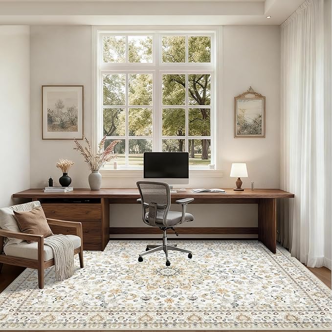 3x5 Area Rugs Living Room Rug: Washable Vintage Boho Rug No Slip Stain Resistant Soft Carpet Indoor Floor Floral Large Carpets for Bedroom Dining Room Farmhouse Nursery Home Office Beige