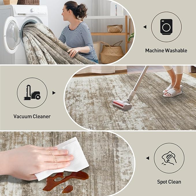 6x9 Area Rugs Washable Rug: Large Modern Abstract Living Room Rug Soft Anti-Skid Thin Carpet Indoor Floor Non-Shedding Carpets for Bedroom Dining Room Farmhouse Nursery Home Office Brown White