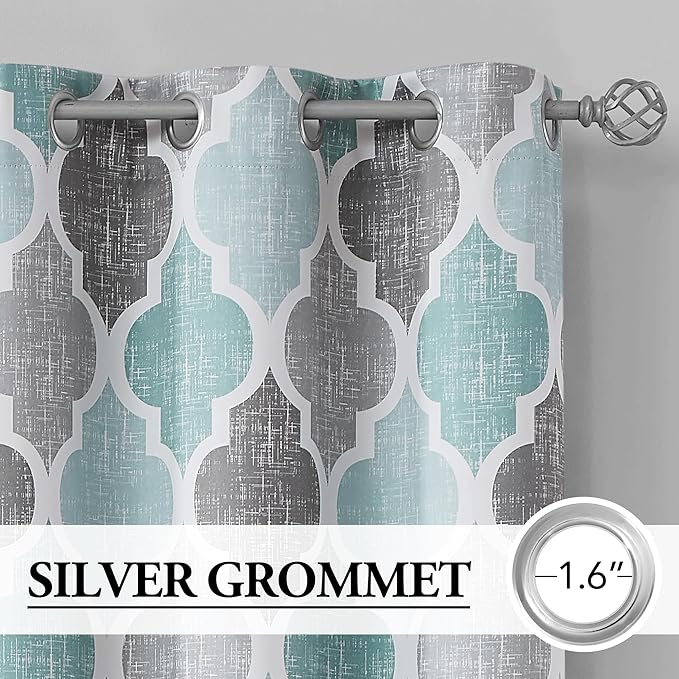 Beauoop 100% Blackout Curtains 45 Inches Long 2 Panels for Bedroom Living Room Aqua Grey Moroccan Geo Room Darkening Thermal Insulated Soundproof Grommet Top Window Treatments Drapes, 50x45 Set of 2