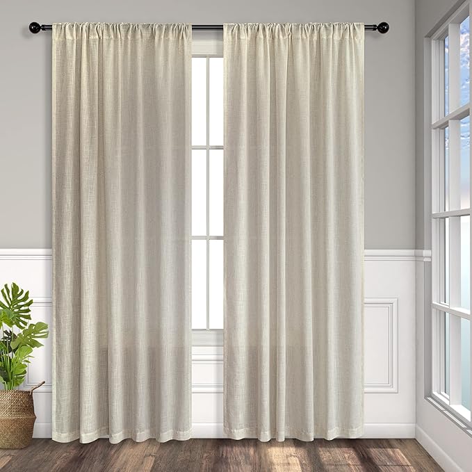 Beige Curtains 63 Inch Length for Bedroom Set of 2 Panels Back Tab Rod Pocket Sheer Linen Light Filter Neutral Rustic Farmhouse Curtains for Dining Room Bay Picture Window Country Decor 52x63 Long Tan